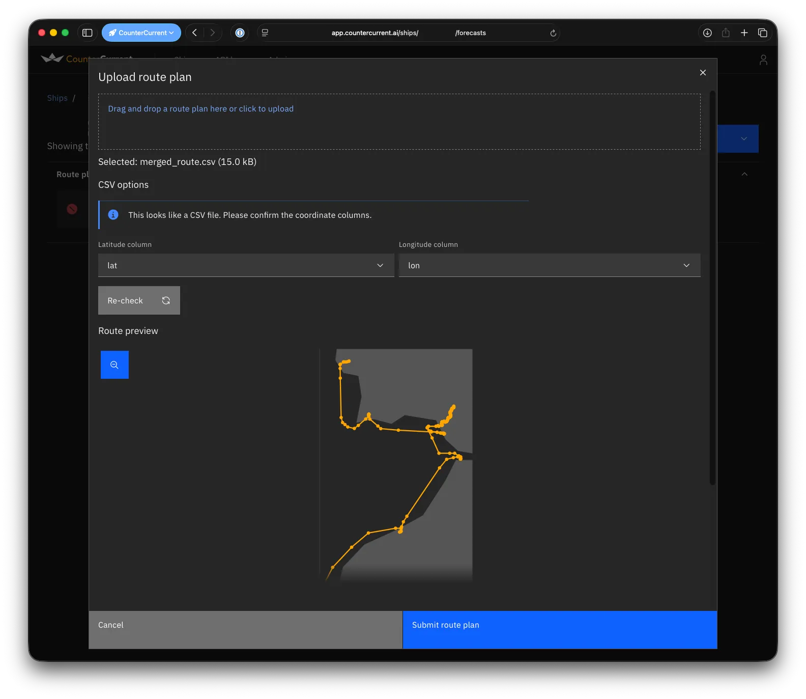 Upload route plan with CSV columns confirmed and route preview